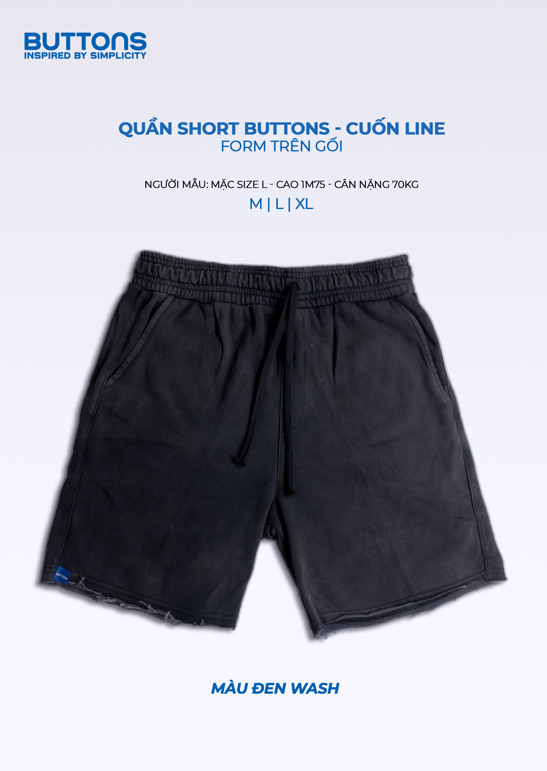 Short Wash Đen Cuốn Line BUTTONS Form Trên Gối HOT 2023 BUTTONS