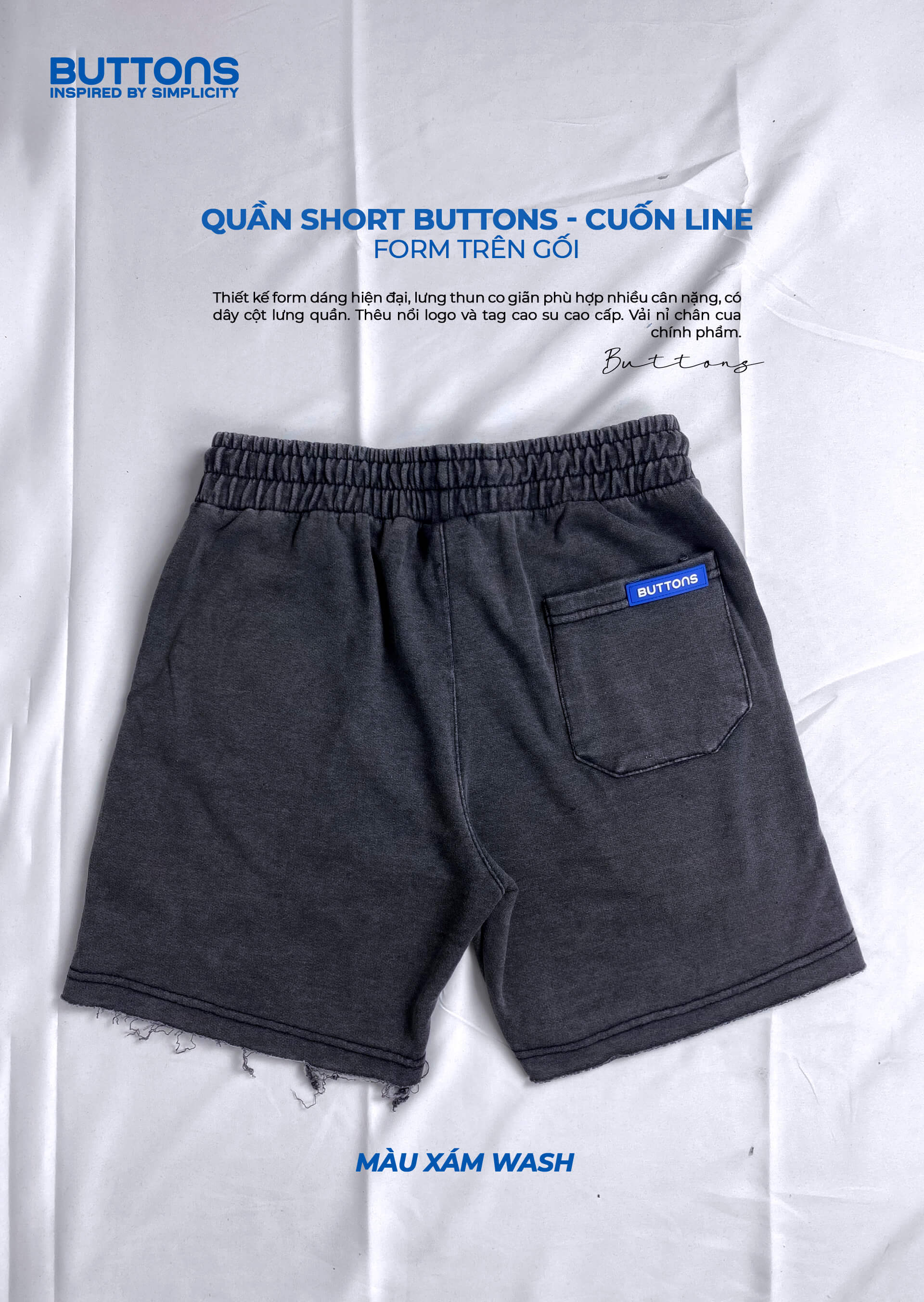 Short Wash Đen Cuốn Line BUTTONS Form Trên Gối HOT 2023 BUTTONS
