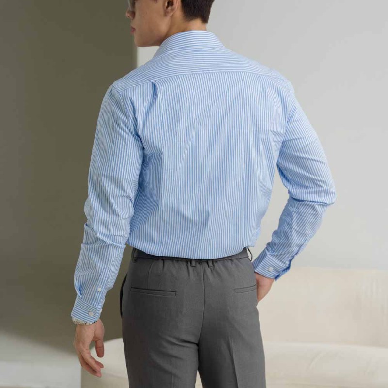 Áo Sơ Mi Tay Dài Kẻ Sọc Cotton Fitted Màu Xanh AKB02K0789