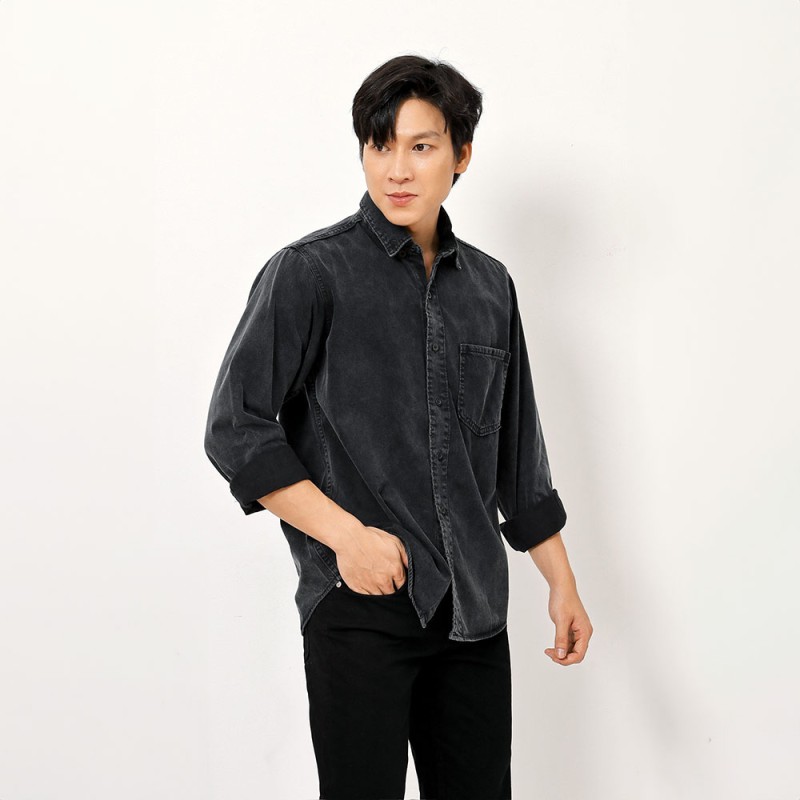 Áo Sơ Mi Tay Dài Vải Jean Form Fitted Màu Đen