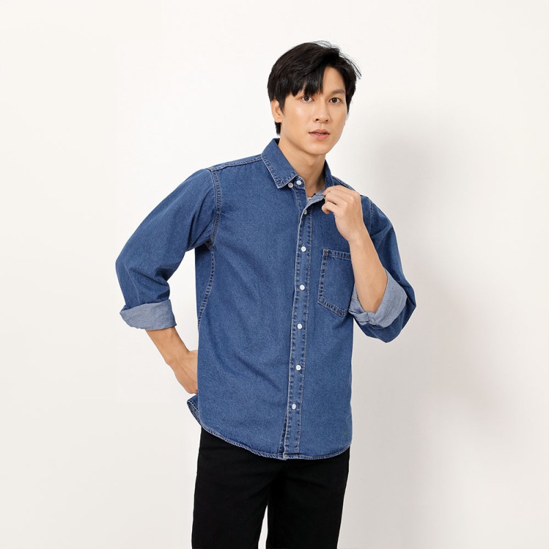 Áo Sơ Mi Tay Dài Vải Jean Form Fitted Màu Xanh